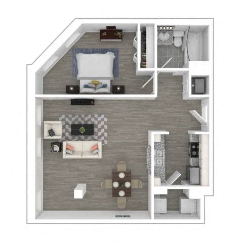 A top-down view of a house layout with a living room, kitchen, and bedrooms.